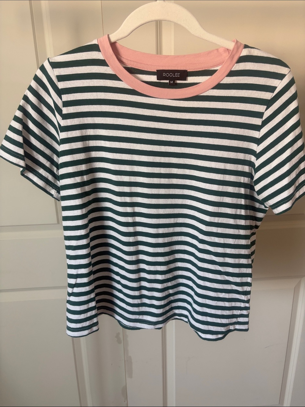 Roolee Green & White Striped Tee with Pink Trim